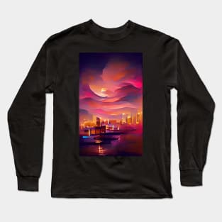 Sunset Cityscape Watercolor Dream Art Long Sleeve T-Shirt